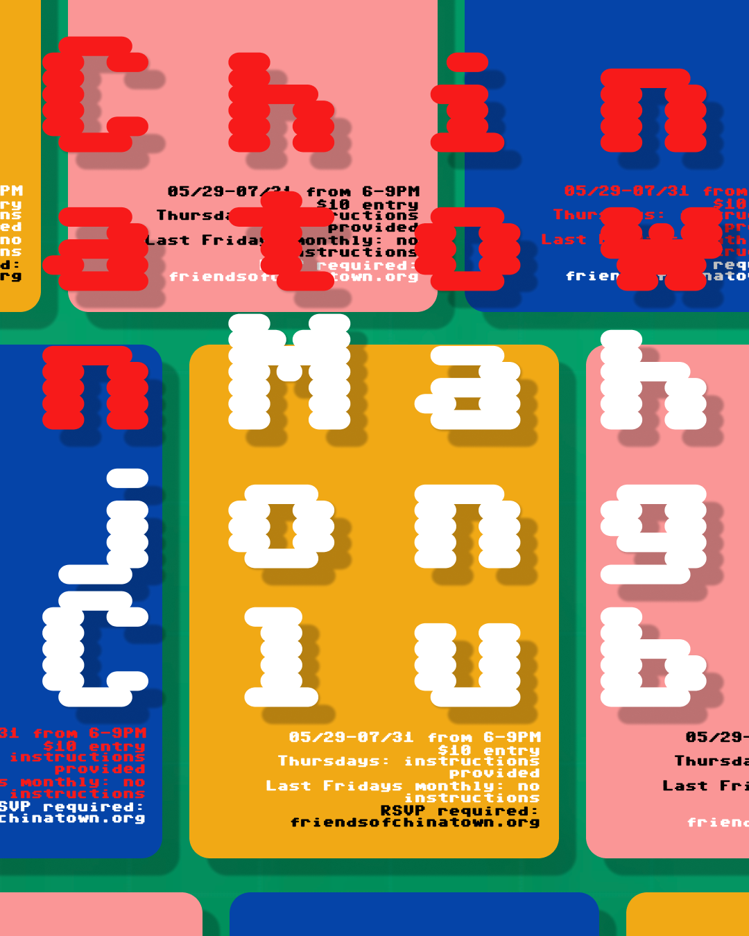 Chinatown Mahjong Club poster — pixel type on colourful collage